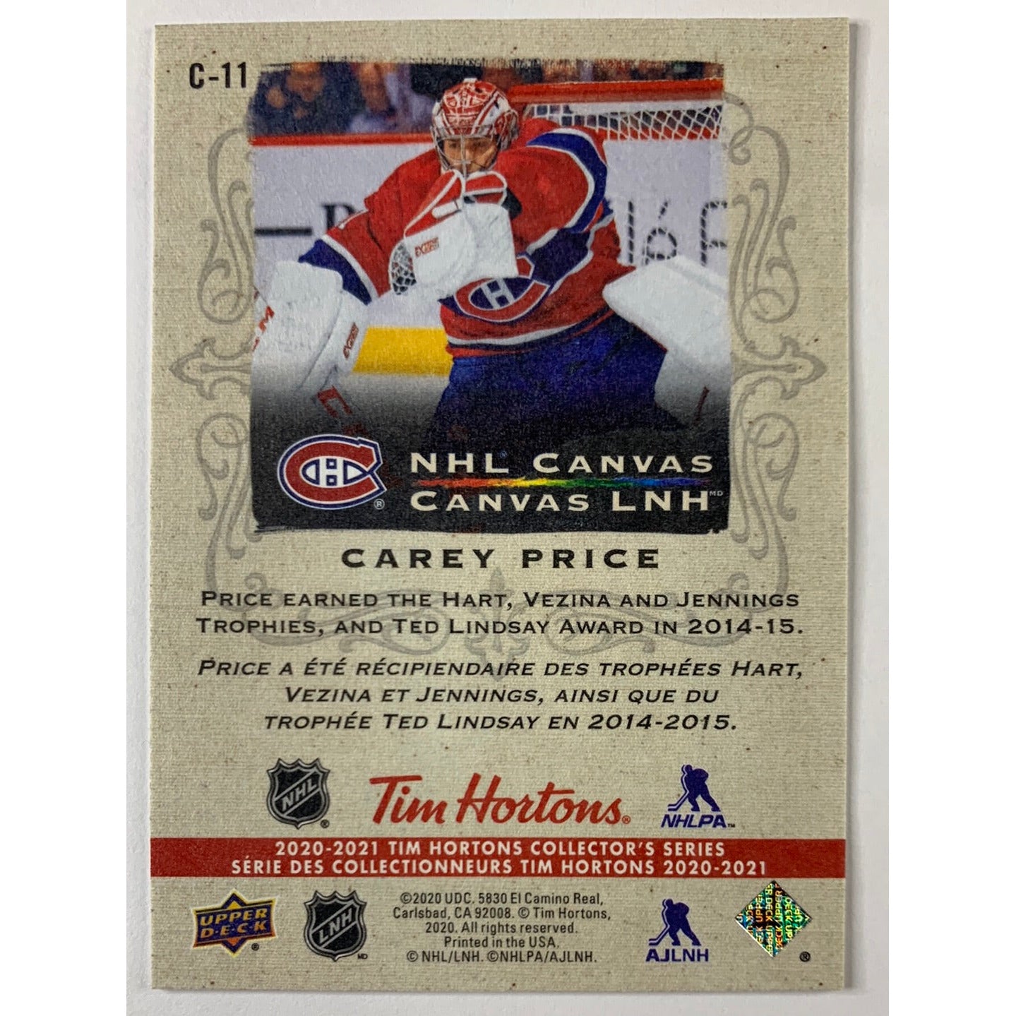 2020-21 Tim Hortons Carey Price Canvas | Local Legends Cards & Collectibles