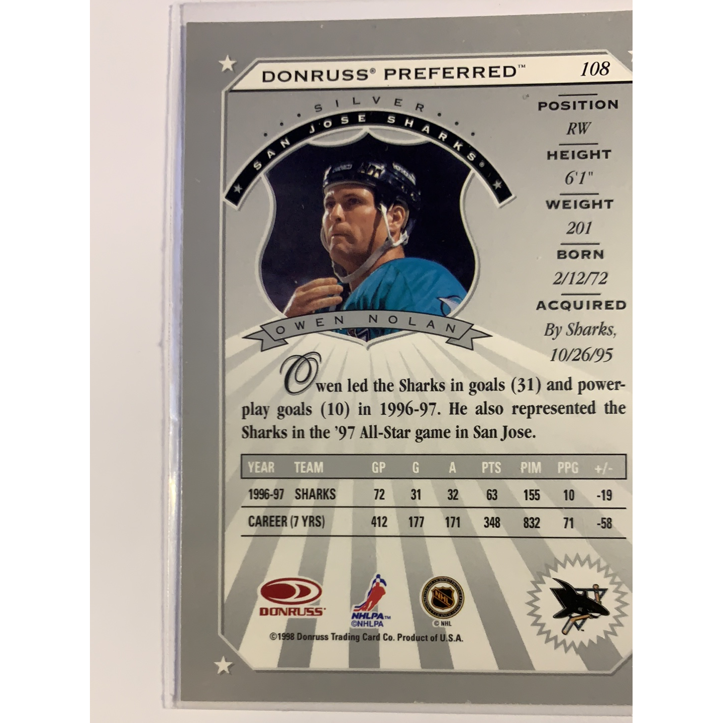 1997-98 Donruss Preferred Owen Nolan Silver | Local Legends Cards & Collectibles