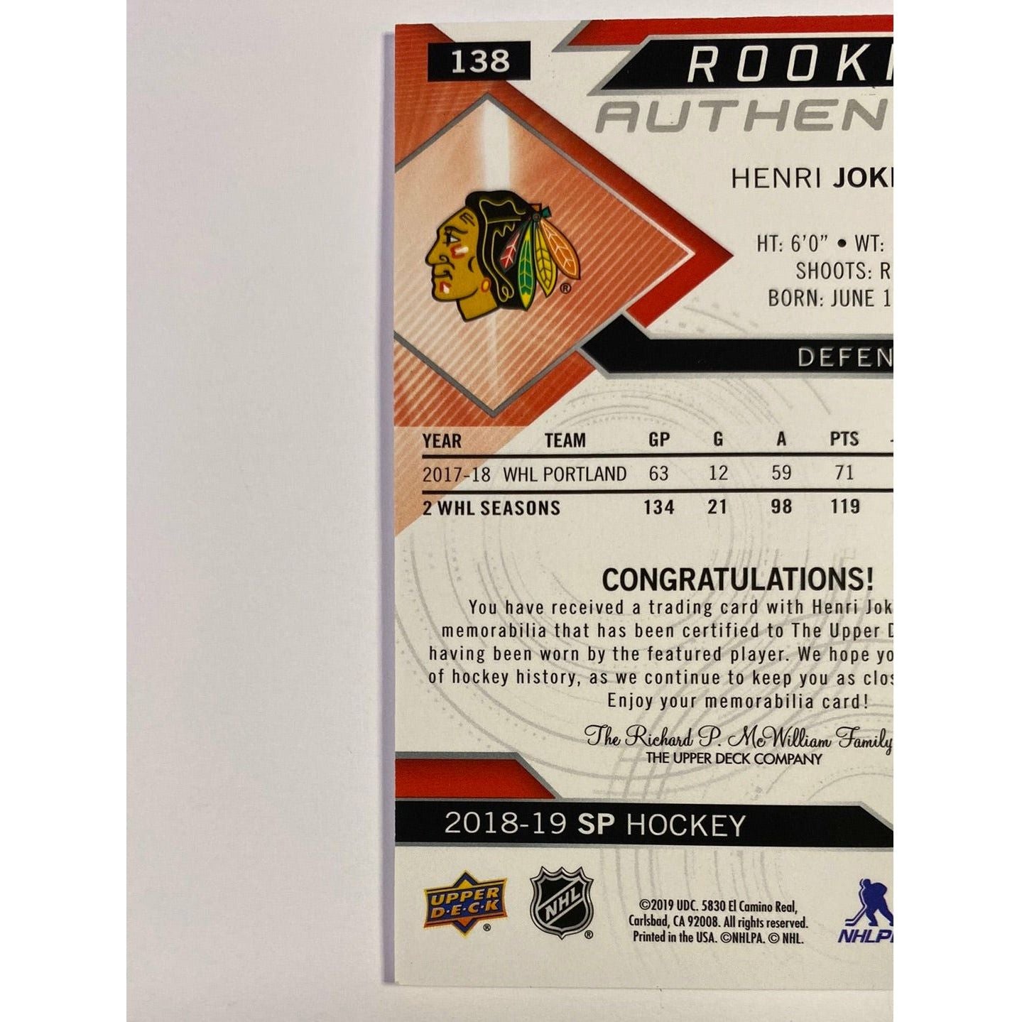 2018-19 SP Henri Jokiharju Rookie Authentics | Local Legends Cards & Collectibles