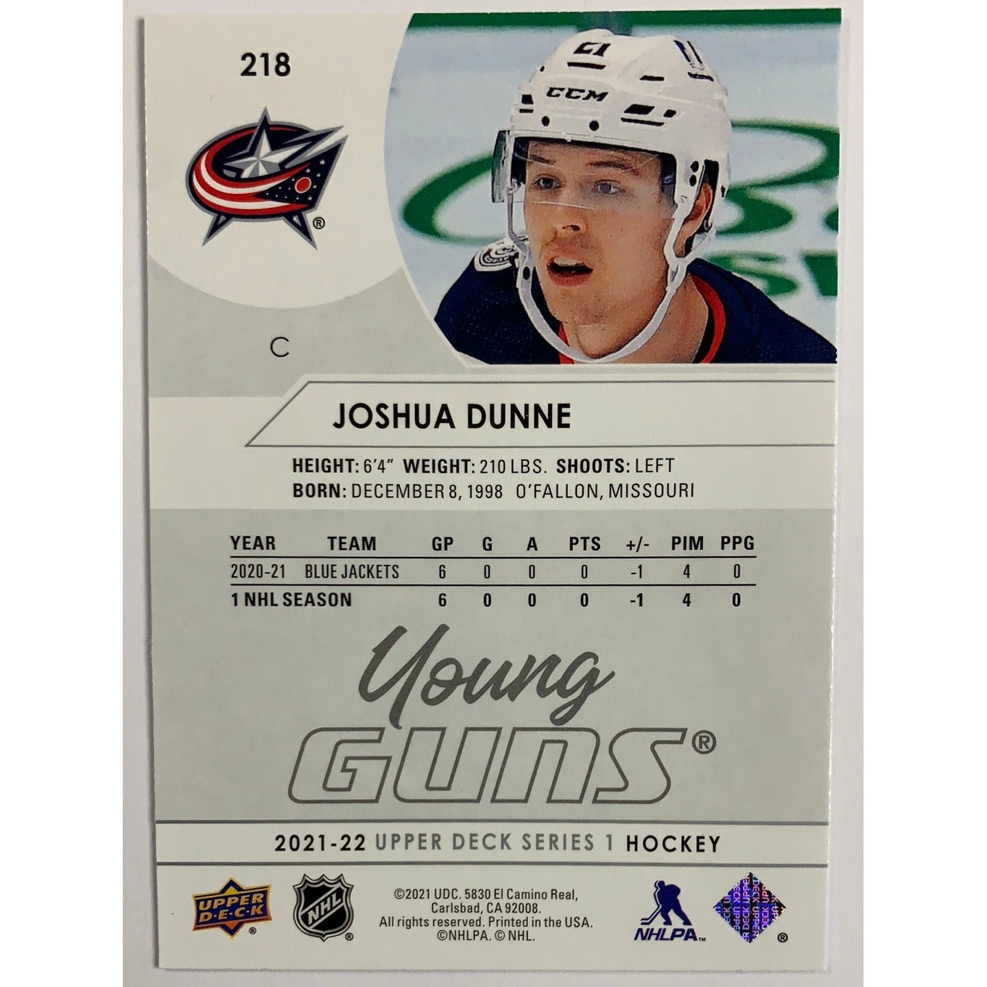 2021-22 Upper Deck Series 1 Joshua Dunne Young Guns | Local Legends Cards & Collectibles