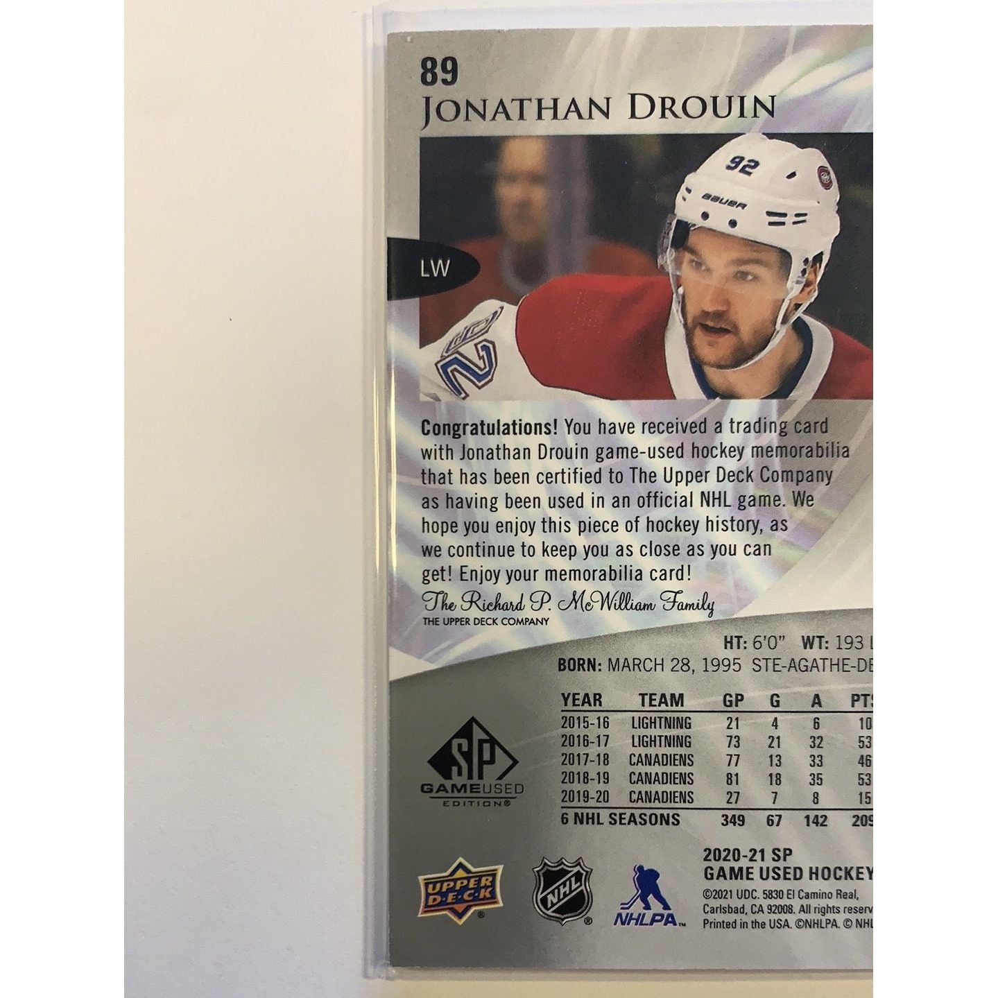 2020-21 SP Game Used Editions Jonathan Drouin Jersey Patch | Local Legends Cards & Collectibles