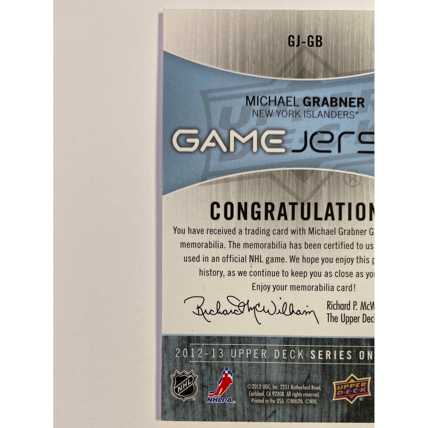 2012-13 Upper Deck Series 1 Michael Grabner UD Game Jersey | Local Legends Cards & Collectibles