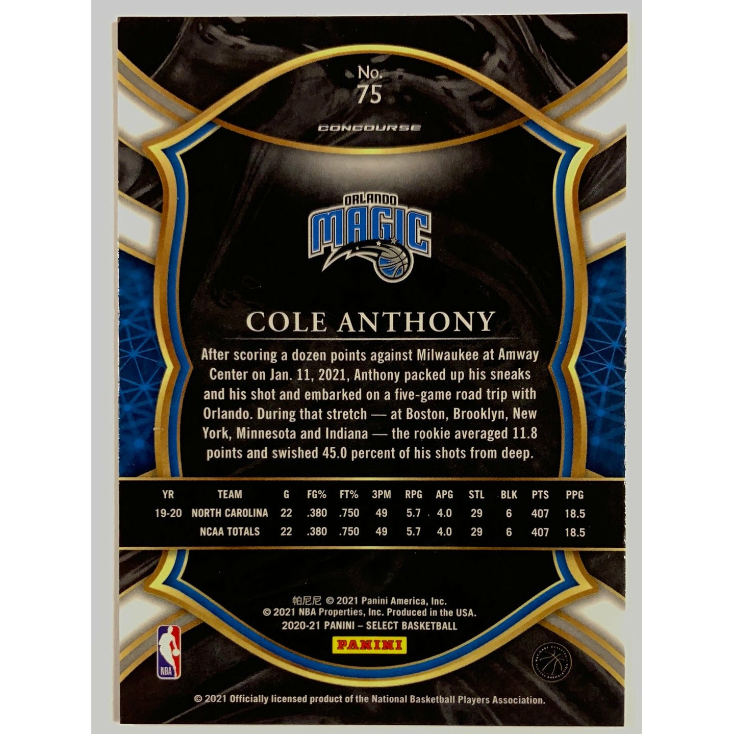 2020-21 Select Cole Anthony Blue Concourse Level RC