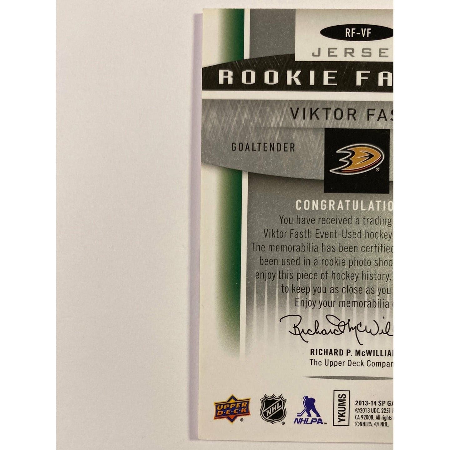 2013-14 SP Game Used Viktor Fasth Rookie Fabrics | Local Legends Cards & Collectibles