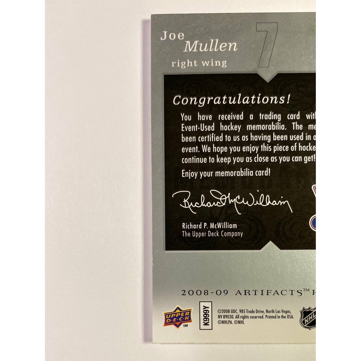 2008-09 Artifacts Joe Mullen Treasured Swatches Authentic Jersey & Patch /35 | Local Legends Cards & Collectibles