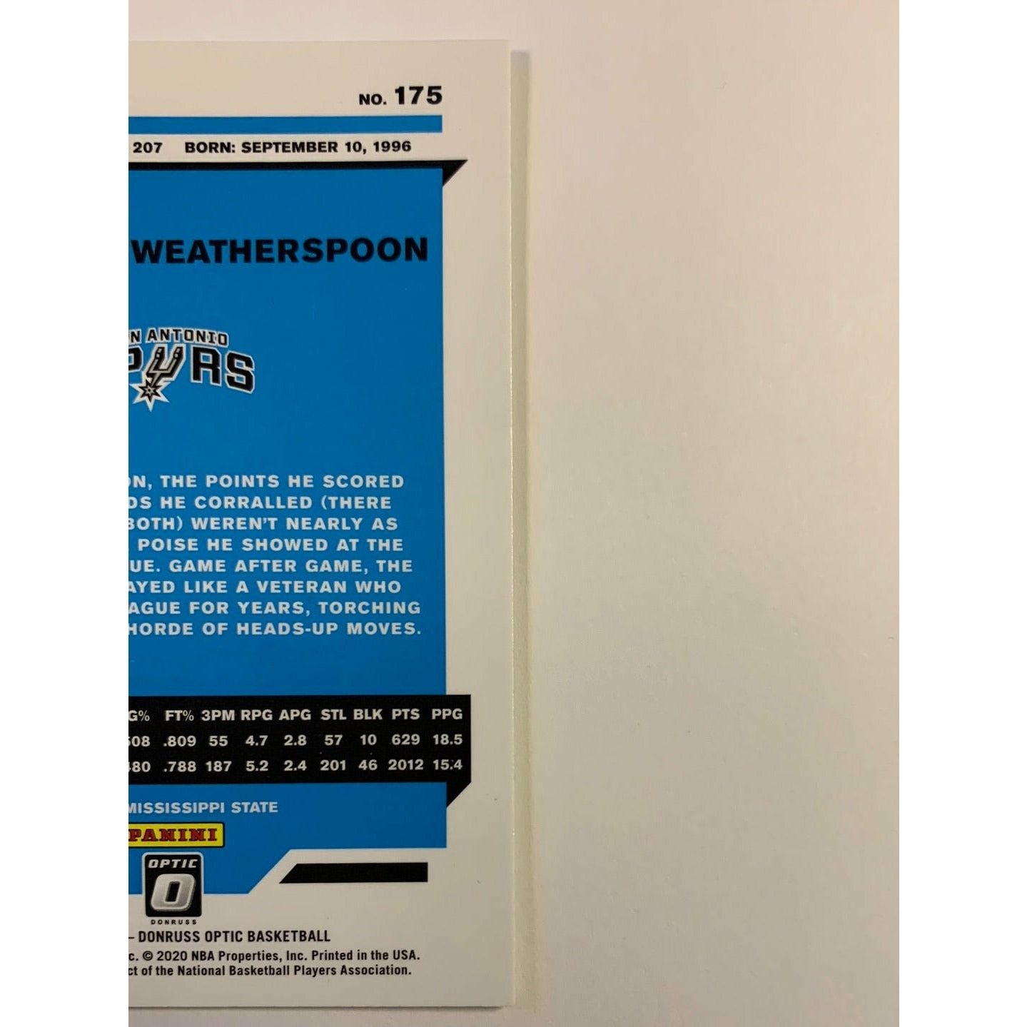 2019-20 Donruss Optic Quinndary Weatherspoon Rated Rookie