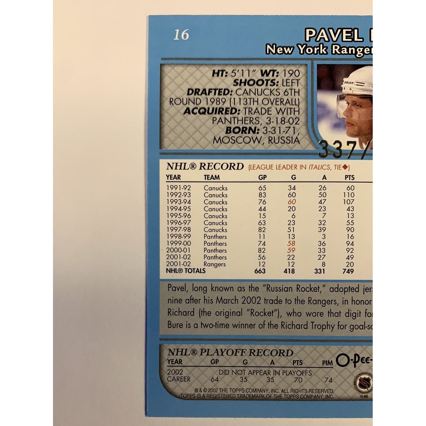 2002 O-Pee-Chee Pavel Bure Blue Parallel /500 | Local Legends Cards & Collectibles