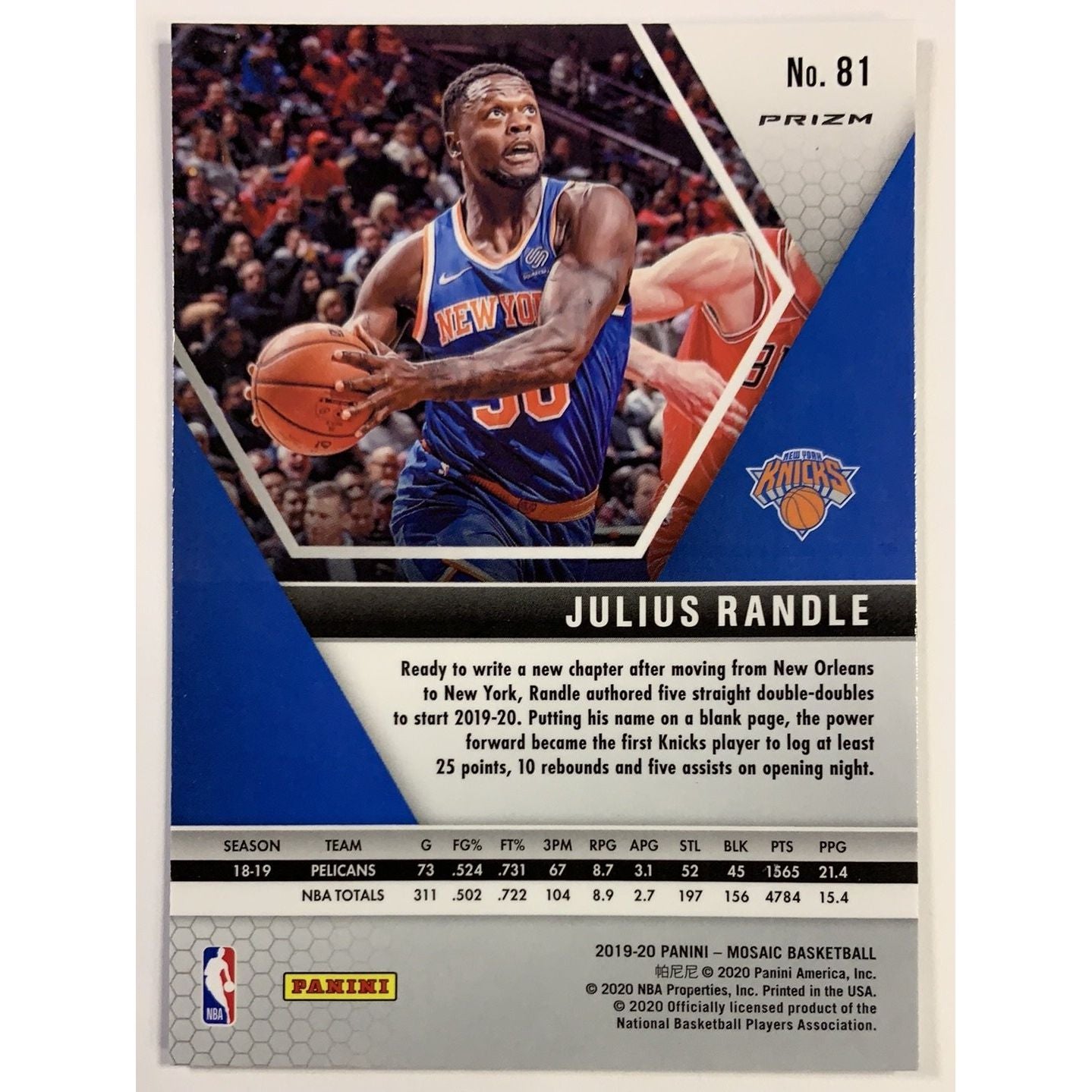 2019-20 Mosaic Julius Randle Blue Reactive | Local Legends Cards & Collectibles