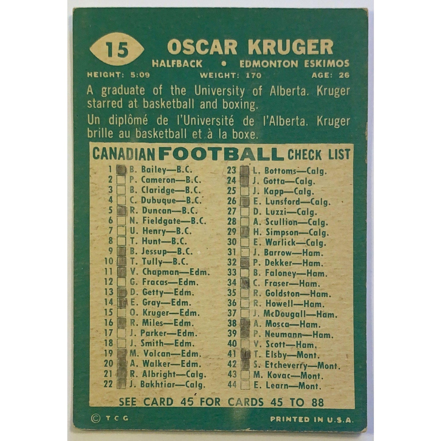 1960 Topps CFL Oscar Kruger #15 *MARKED Checklist | Local Legends Cards & Collectibles