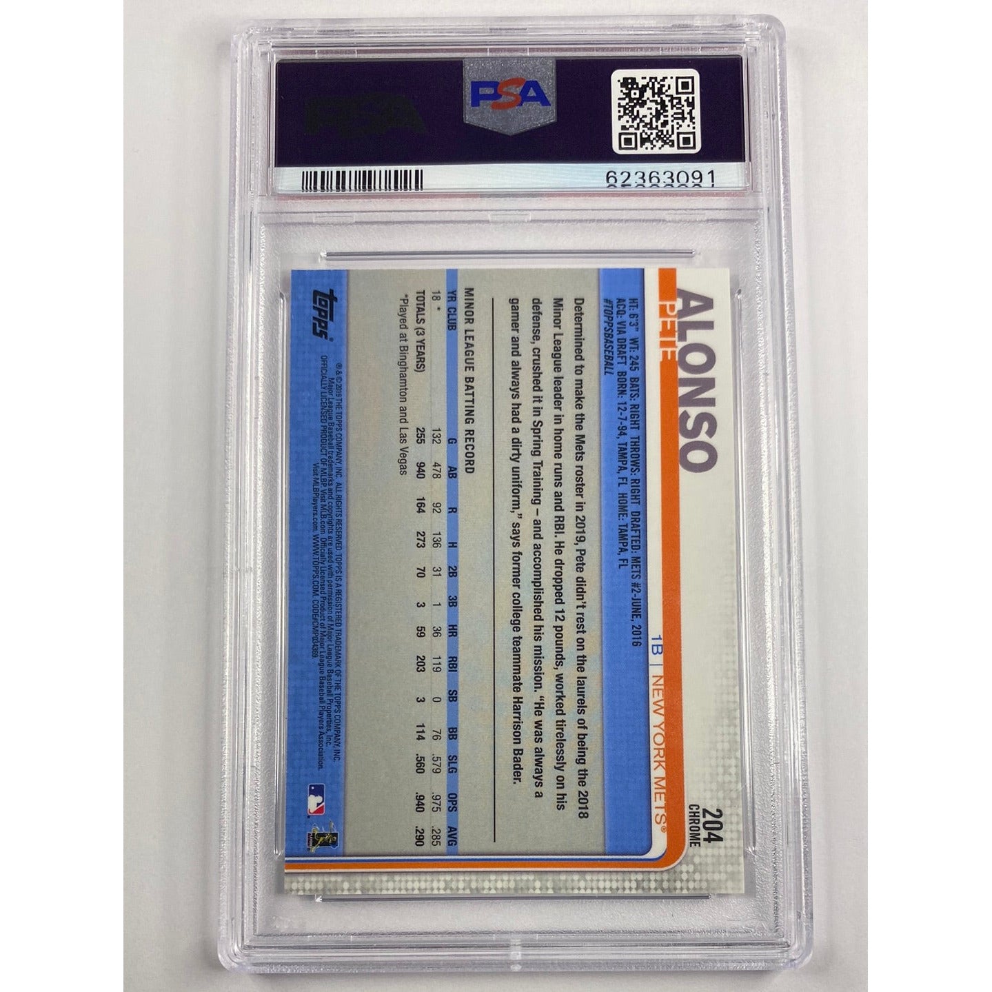 2019 Topps Chrome Pete Alonso RC PSA 9
