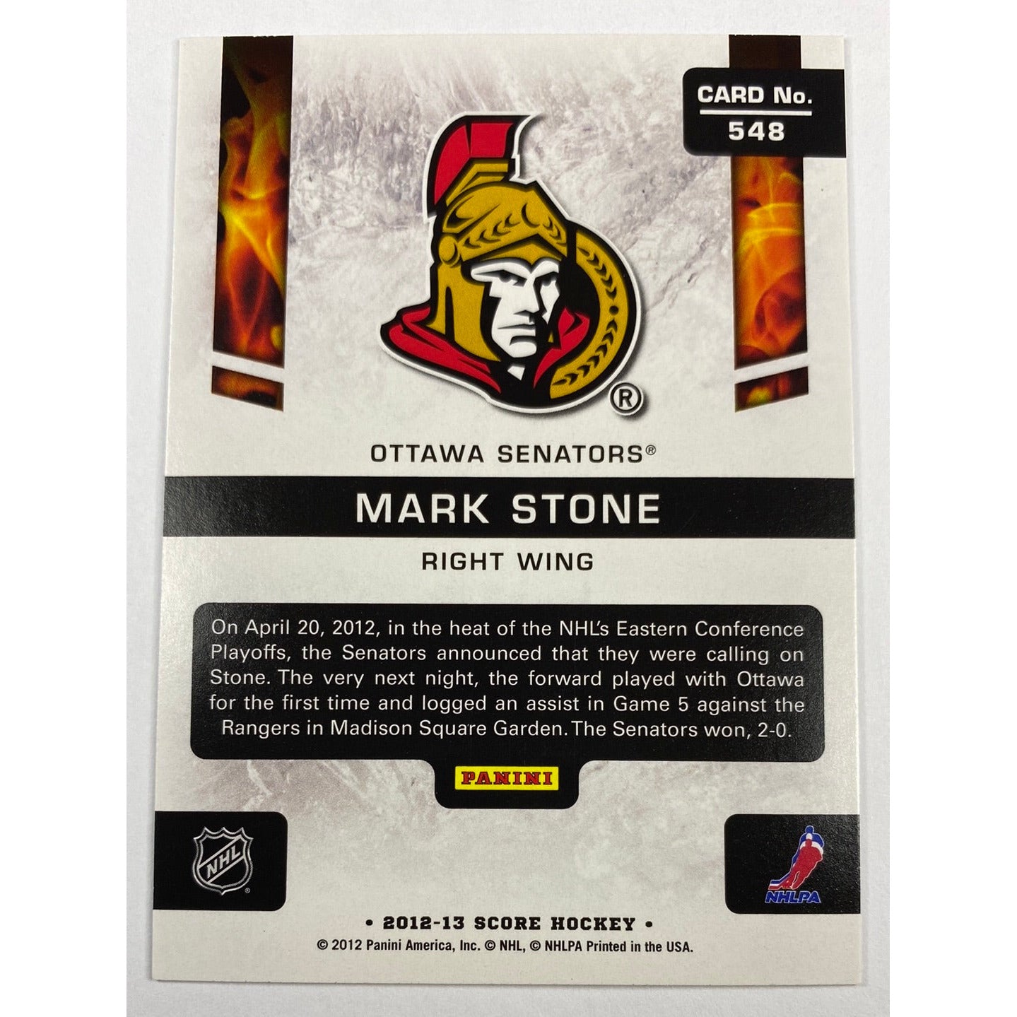 2012-13 Score Mark Stone Hot Rookies | Local Legends Cards & Collectibles