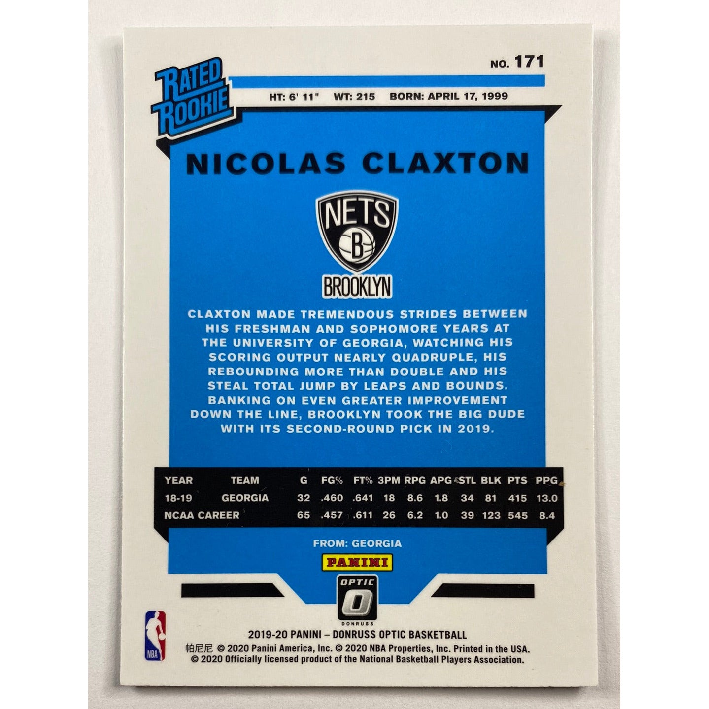 2019-20 Donruss Optic Nicolas Claxton Rated Rookie | Local Legends Cards & Collectibles