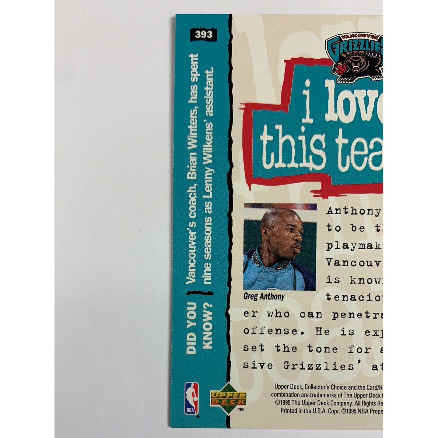 1995-96 Upper Deck Bears Take BC Greg Anthony | Local Legends Cards & Collectibles