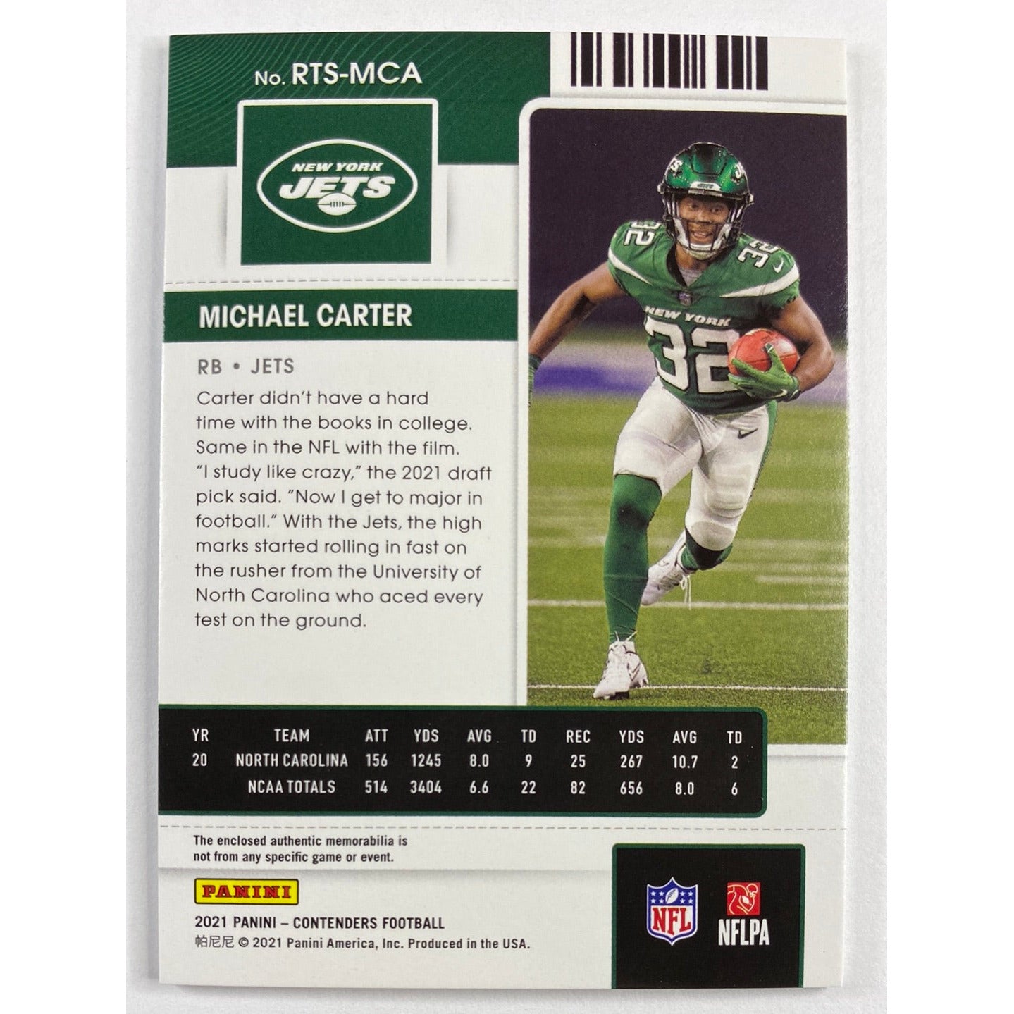 2021 Contenders Michael Carter Rookie Ticket Patch Green Foil | Local Legends Cards & Collectibles