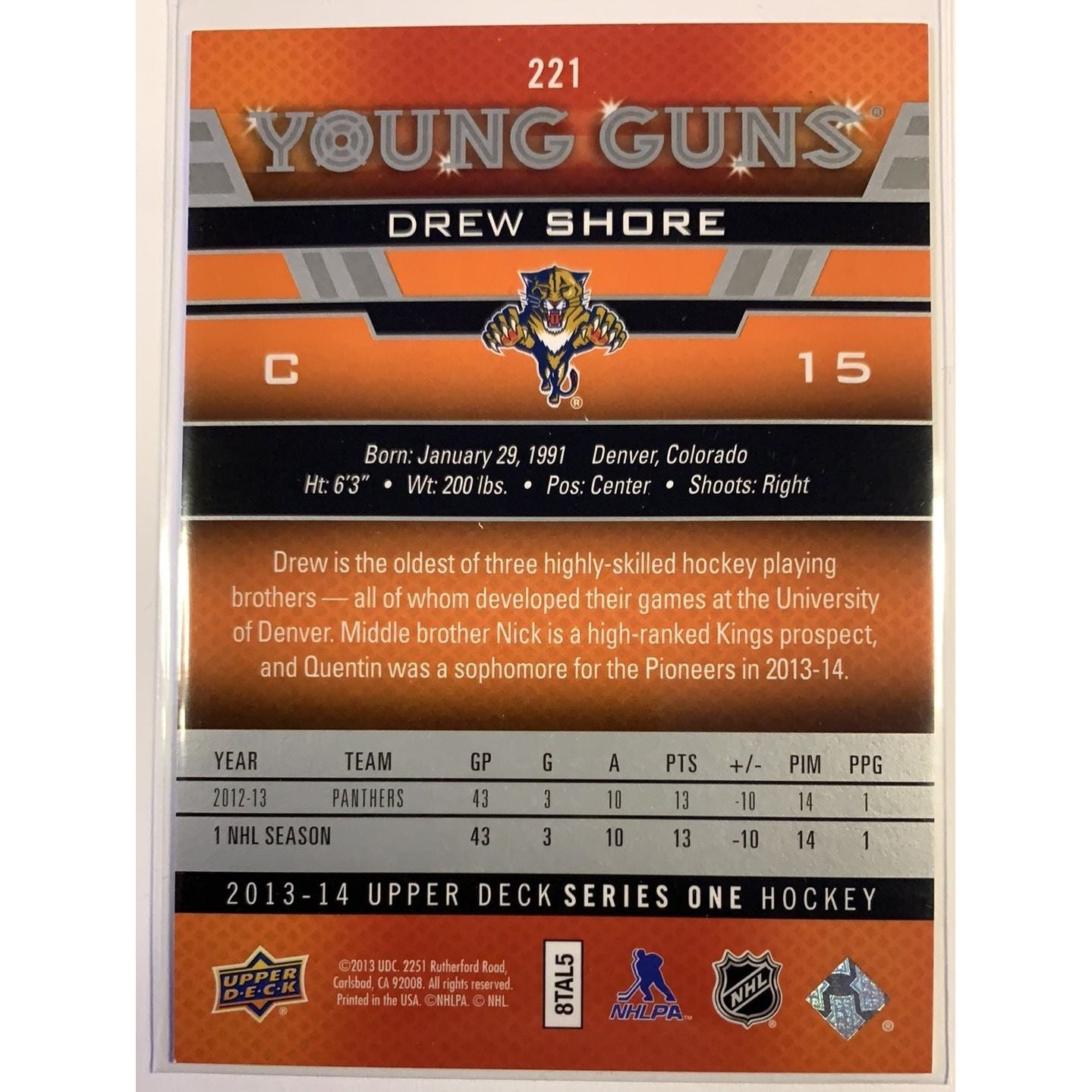 2013-14 Upper Deck Series 1 Drew Shore Young Guns | Local Legends Cards & Collectibles