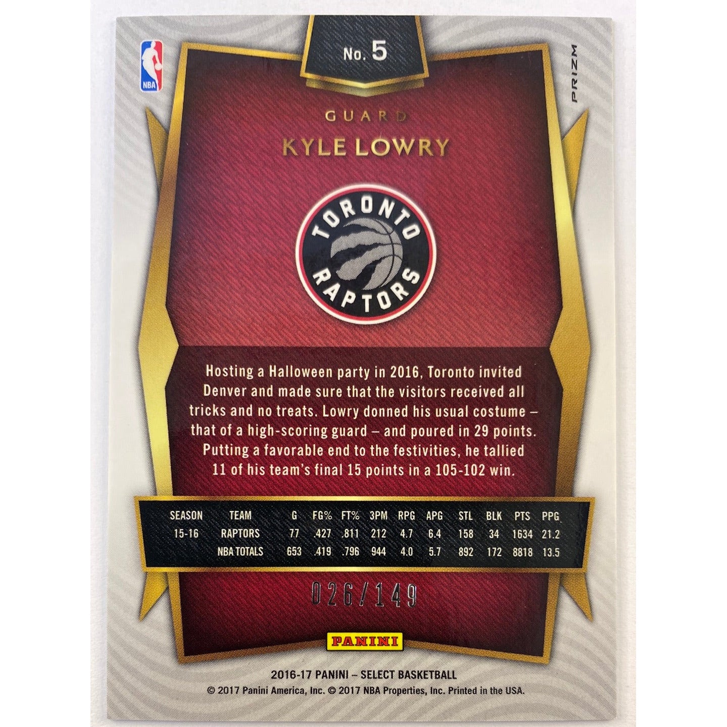 2016-17 Select Kyle Lowry White Holo Prizm /149