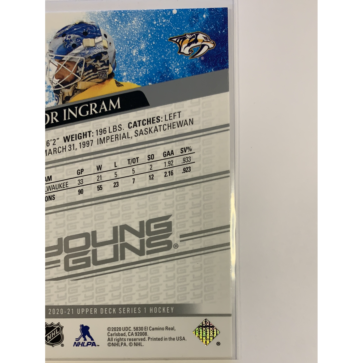 2020-21 Upper Deck Series 1 Connor Ingram Young Guns | Local Legends Cards & Collectibles
