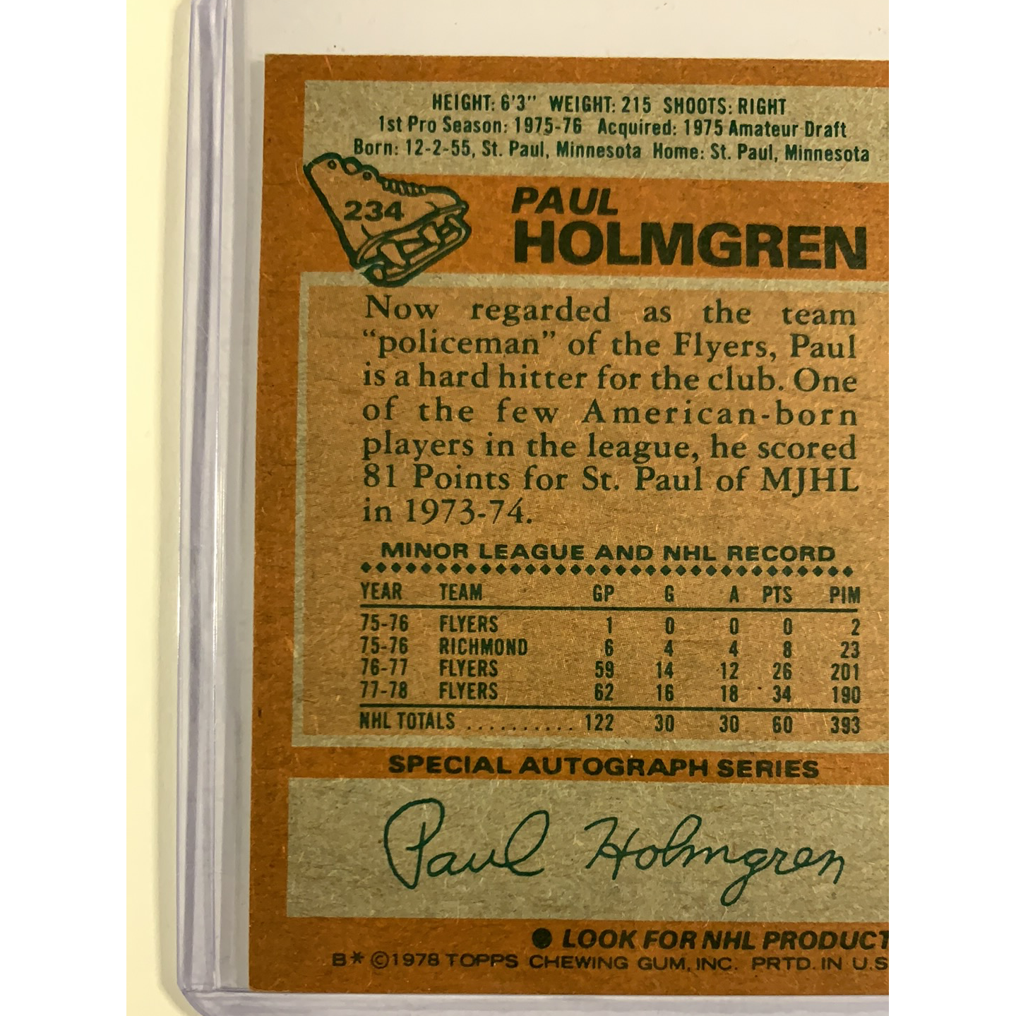 1978-78 Topps Paul Holmgren In Person Auto | Local Legends Cards & Collectibles
