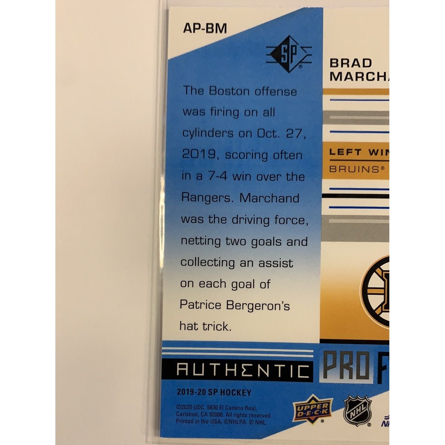 2019-20 SP Brad Marchand Authentic Pro Files | Local Legends Cards & Collectibles