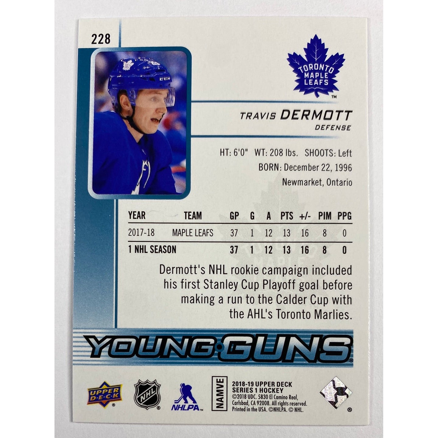 2018-19 Upper Deck Series 1 Travis Dermott Young Guns