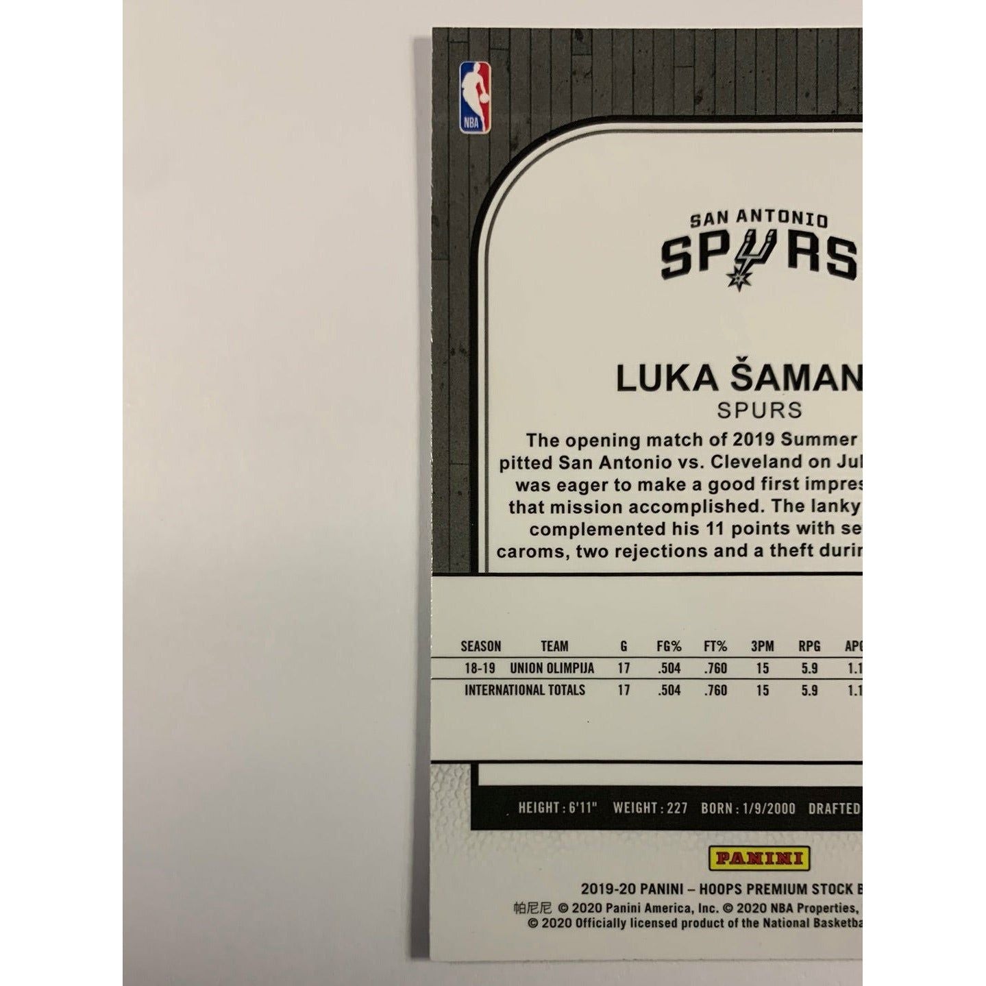 2019-20 Hoops Premium Stock Luka Samanic RC