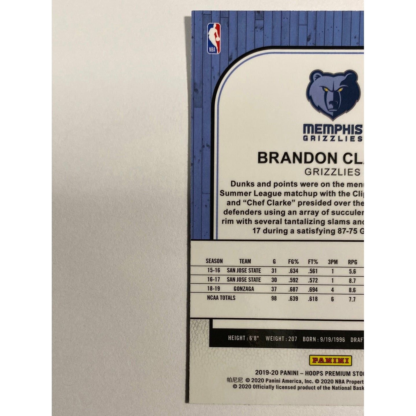 2019-20 Hoops Premium Stock Brandon Clarke Blue Cracked Ice Prizm RC | Local Legends Cards & Collectibles