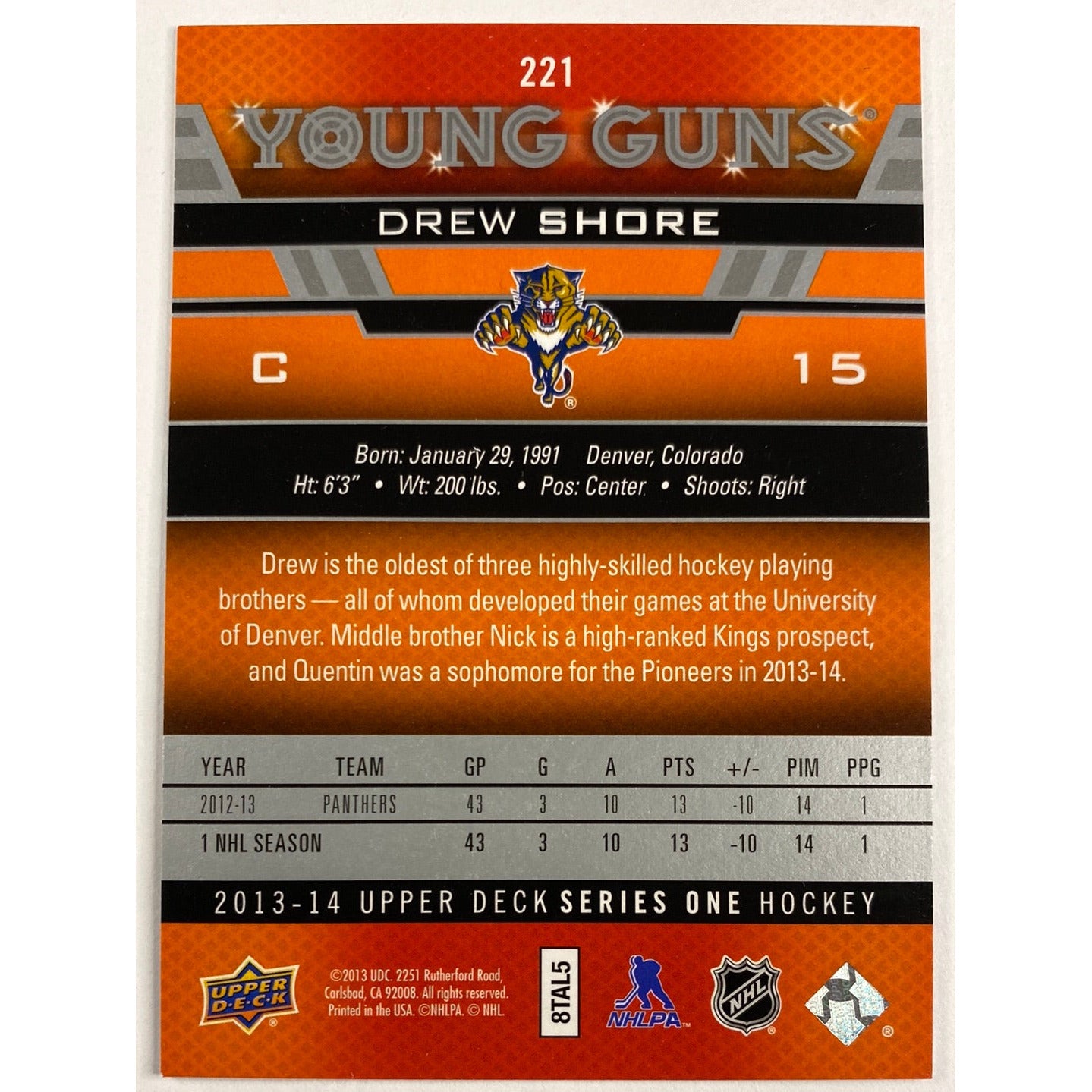 2013-14 Upper Deck Series 1 Drew Shore Young Guns | Local Legends Cards & Collectibles