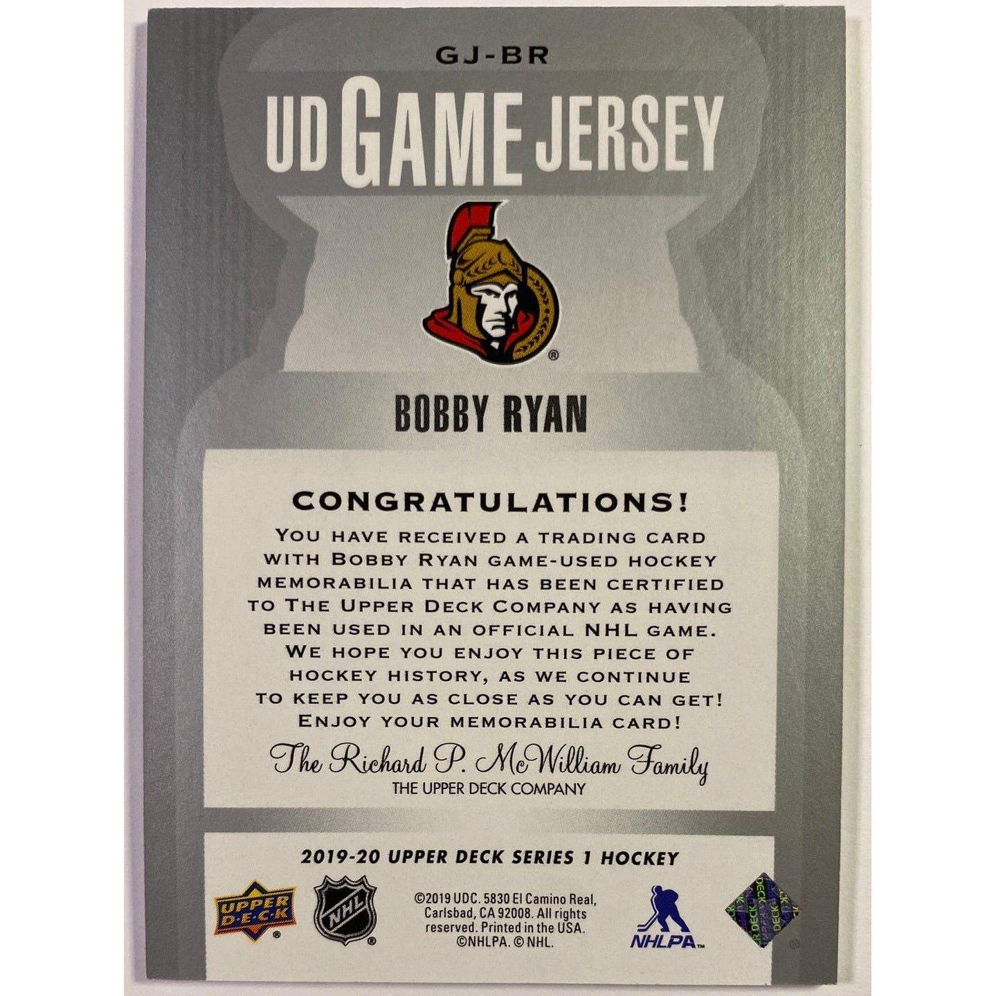 2019-20 Upper Deck Series 1 Bobby Ryan UD Game Jersey