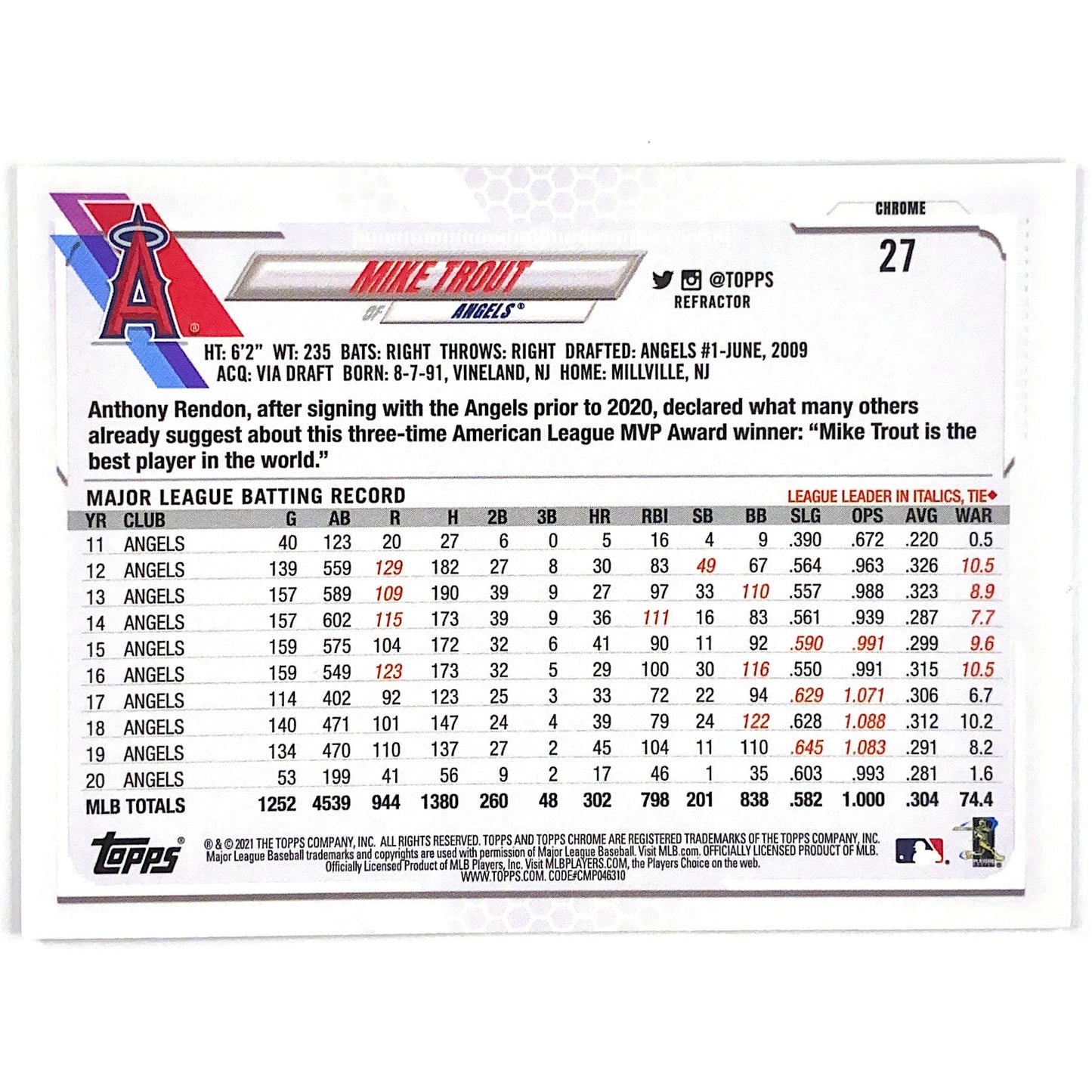 2021 Topps Chrome Mike Trout Refractor