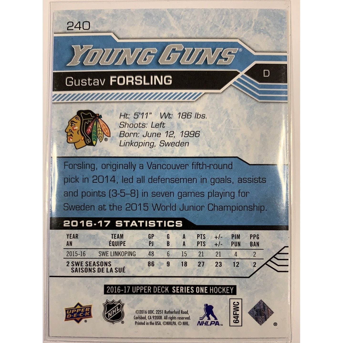 2016-17 Upper Deck Series 1 Gustav Forsling Young Guns | Local Legends Cards & Collectibles