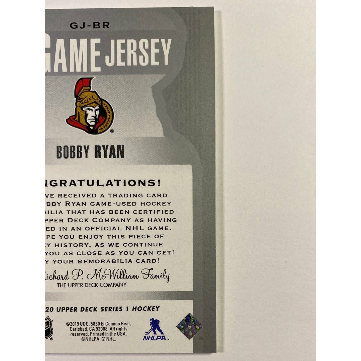2019-20 Upper Deck Series 1 Bobby Ryan UD Game Jersey