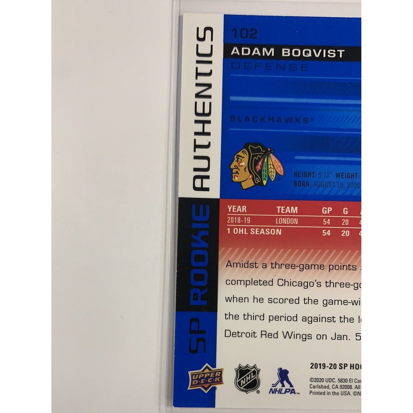 2019-20 SP Adam Boqvist Rookie Authentics | Local Legends Cards & Collectibles