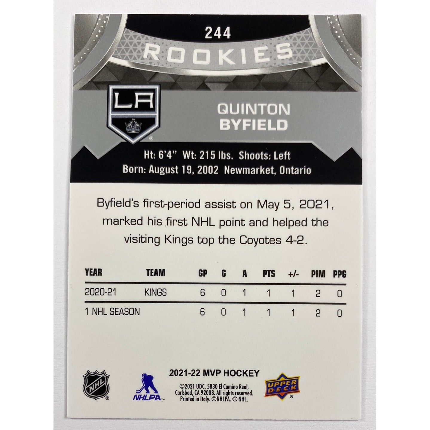 2021-22 MVP Quinton Byfield Silver Script Rookies | Local Legends Cards & Collectibles