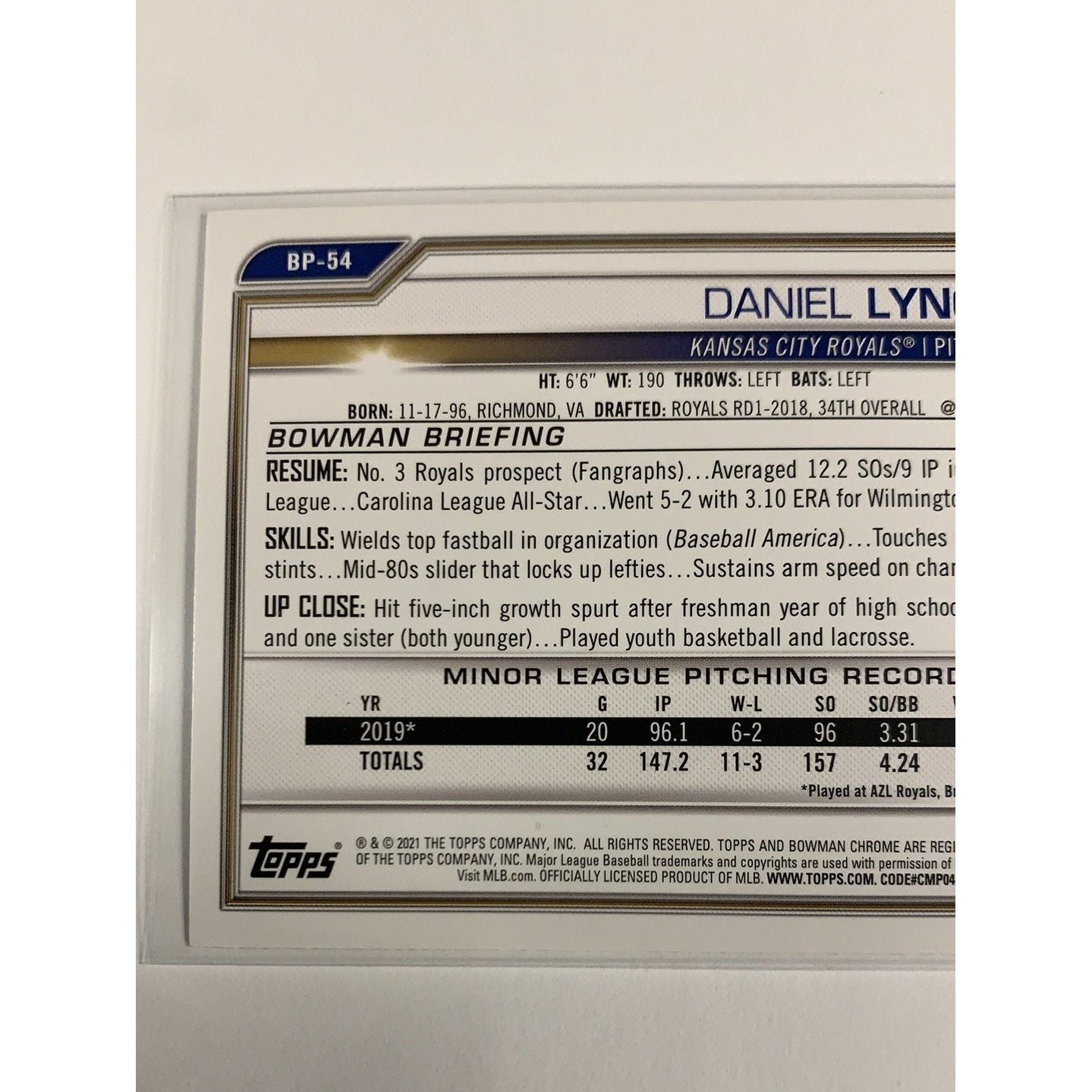 2021 Bowman Daniel Lynch BP-54 | Local Legends Cards & Collectibles