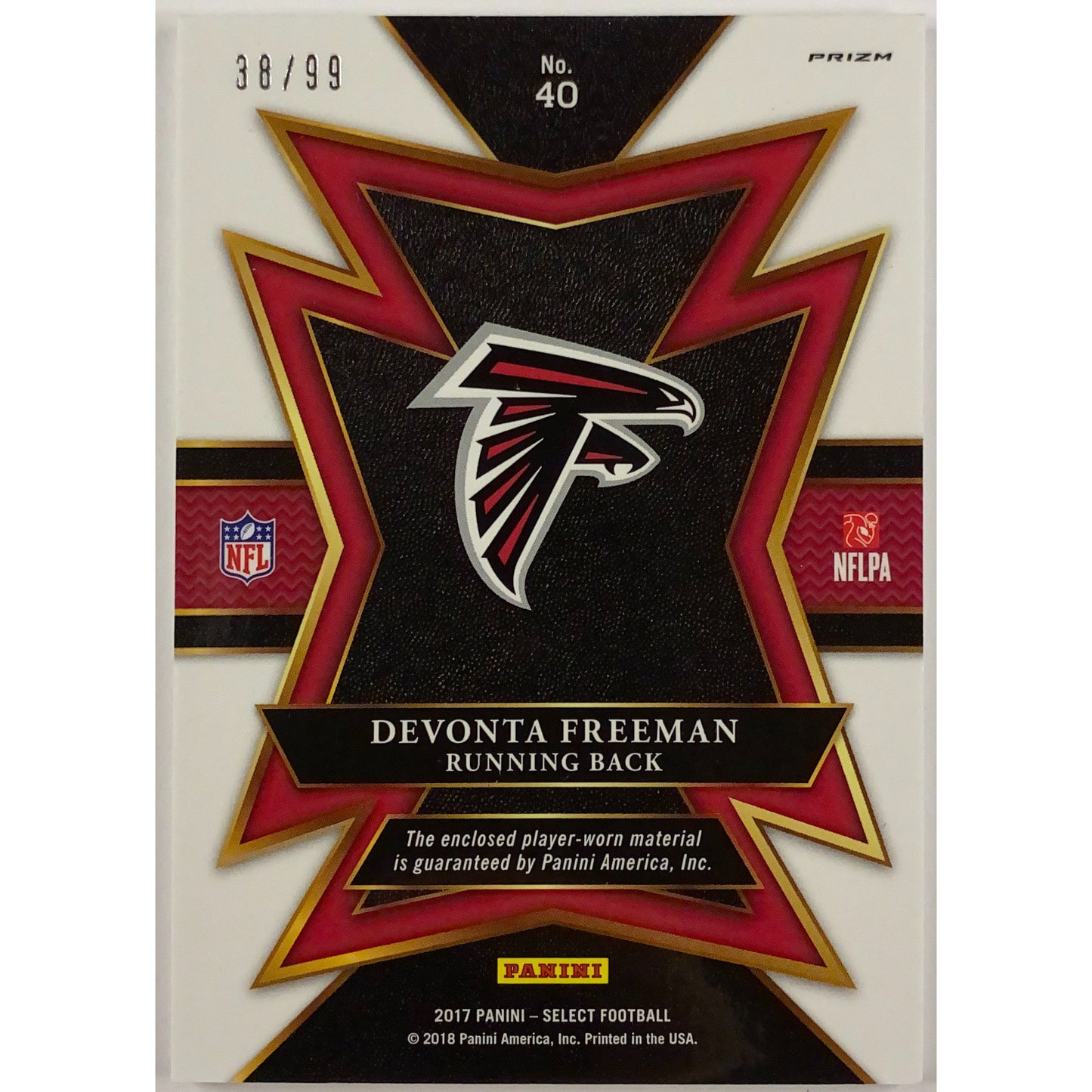 2017 Select Devonta Freeman Sparks Silver Holo Jersey Patch /99