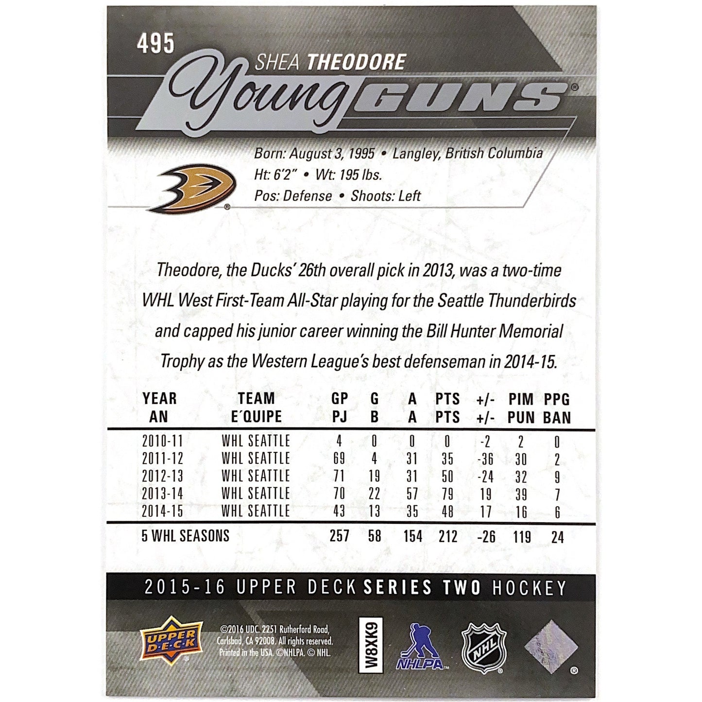 2015-16 Upper Deck Series 2 Shea Theodore Young Guns | Local Legends Cards & Collectibles