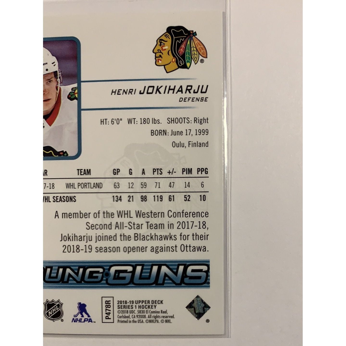 2018-19 Upper Deck Series 1 Henri Jokiharju Young Guns | Local Legends Cards & Collectibles