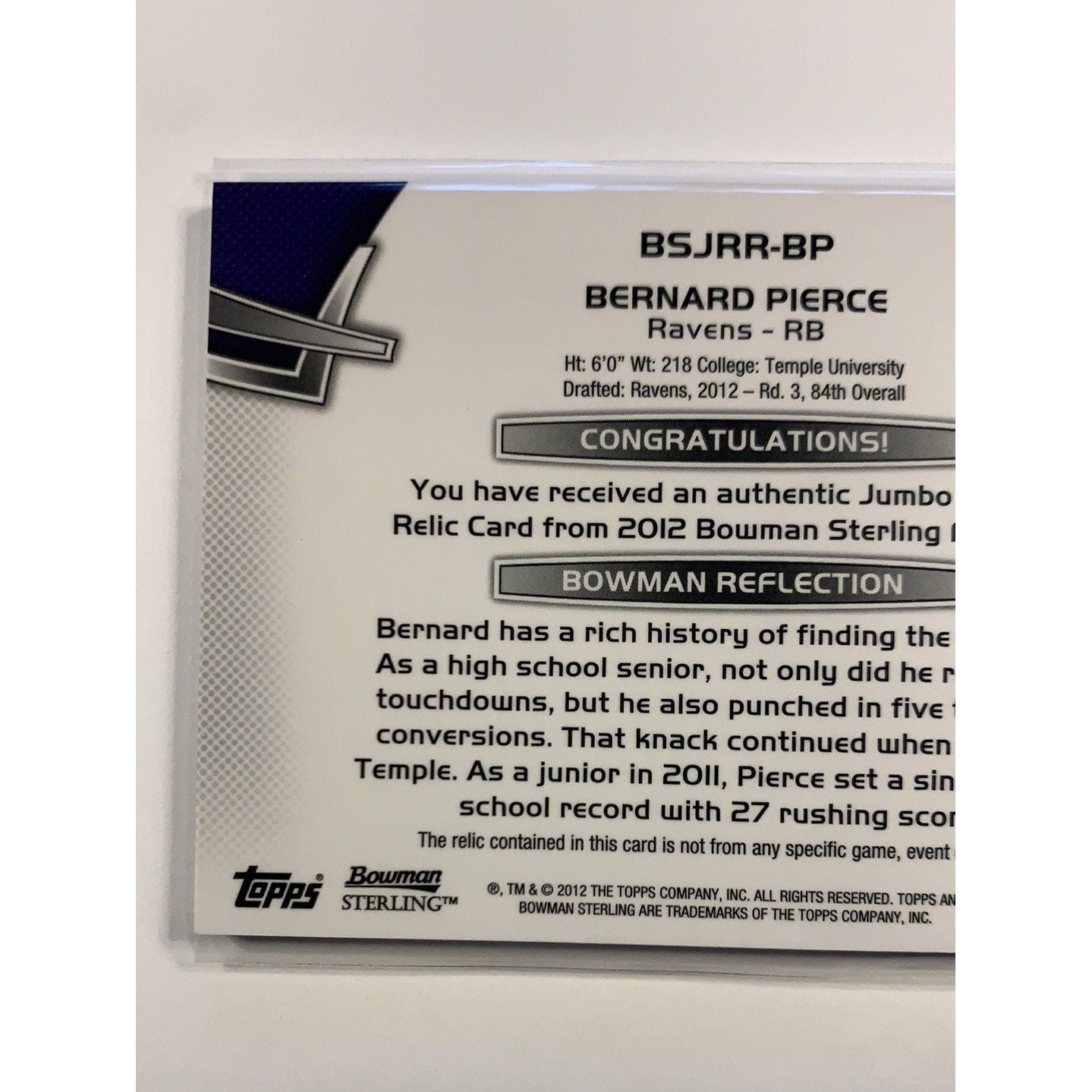 2012 Bowman Sterling Bernard Pierce Jumbo Rookie Relic | Local Legends Cards & Collectibles