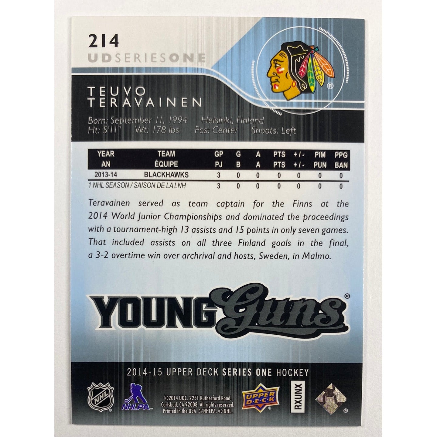 2014-15 Upper Deck Series 1 Teuvo Teravainen Young Guns | Local Legends Cards & Collectibles