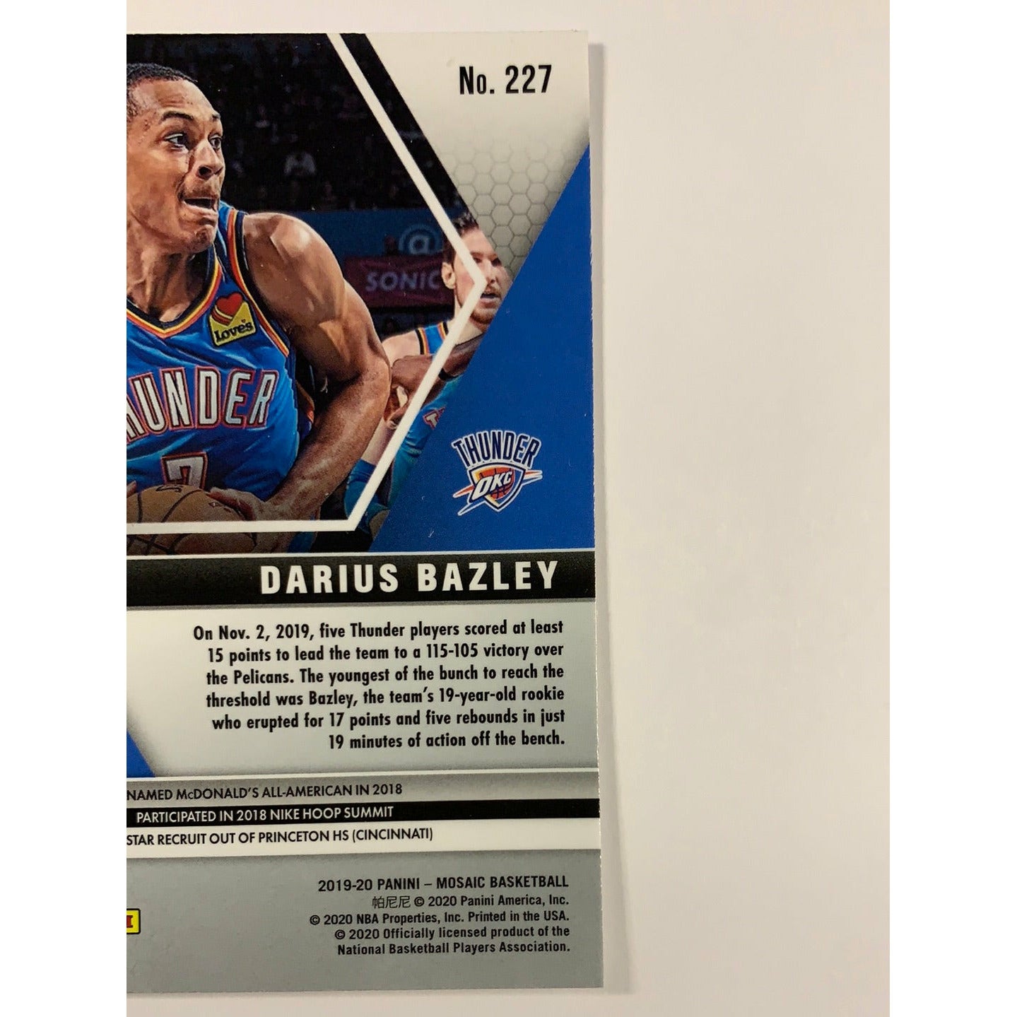 2019-20 Mosaic Darius Bazley RC Local Legends Cards & Collectibles