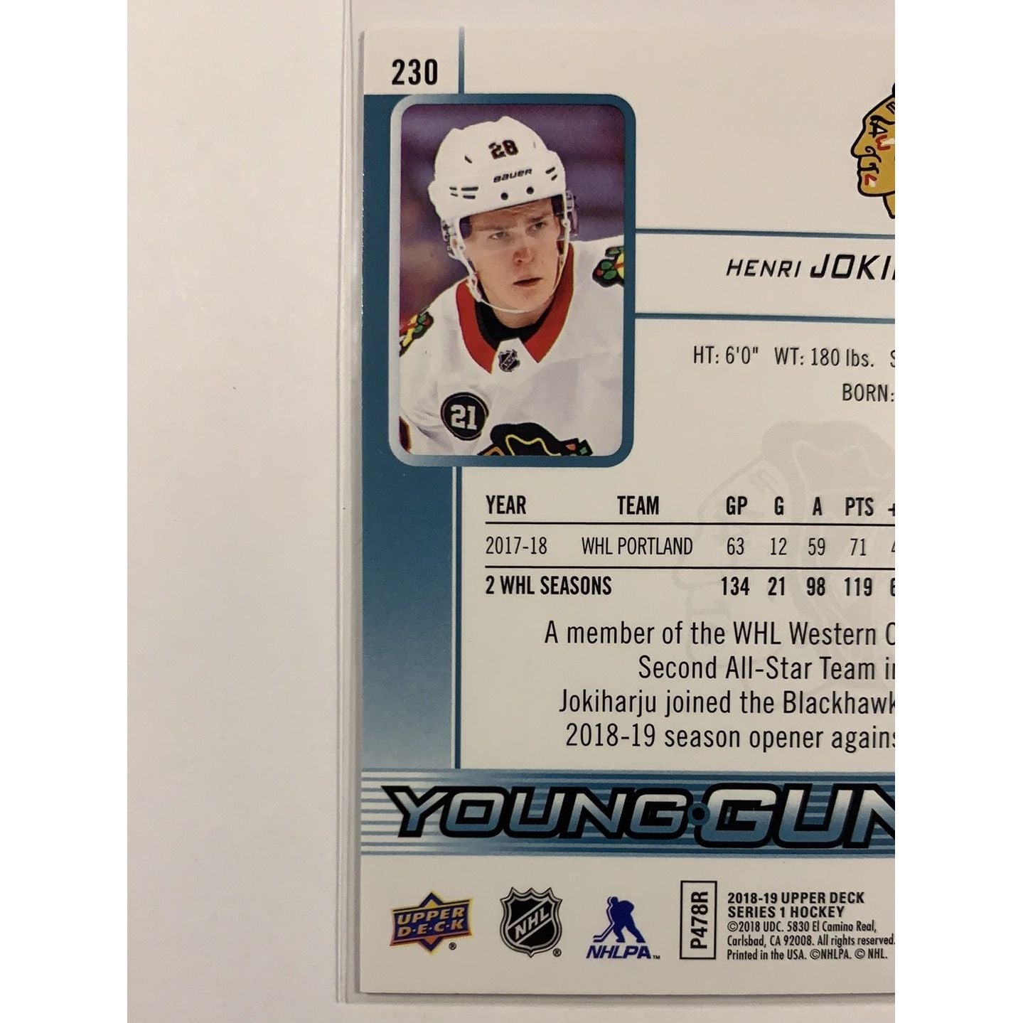 2018-19 Upper Deck Series 1 Henri Jokiharju Young Guns | Local Legends Cards & Collectibles