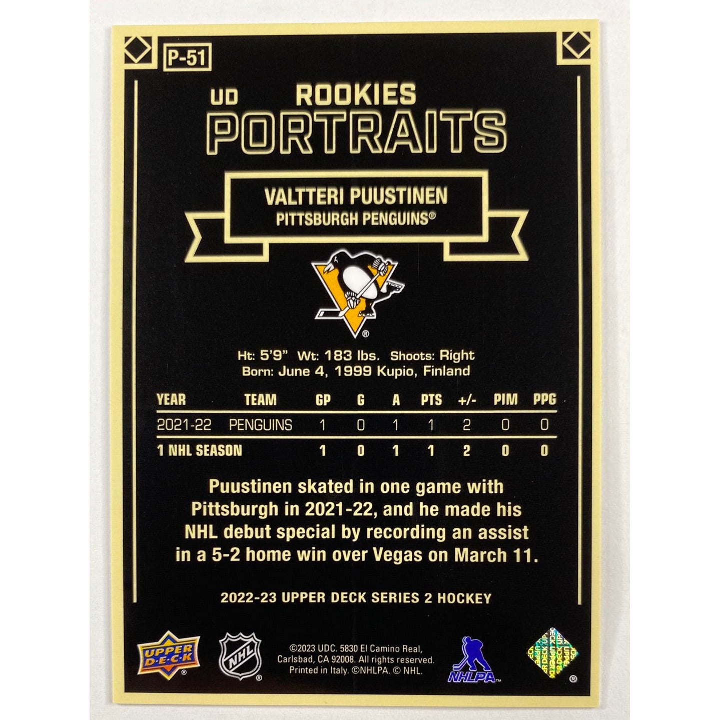2022-23 Series 2 Valtteri Puustinen Rookies Portraits | Local Legends Cards & Collectibles