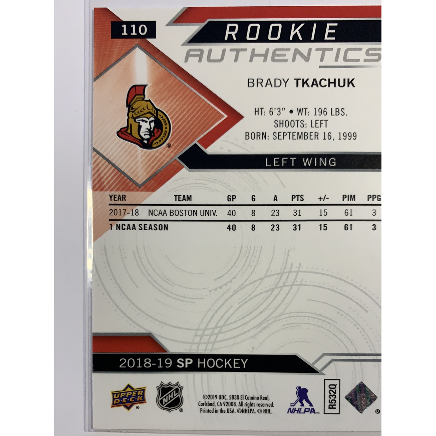 2018-19 Upper Deck SP Brady Tkachuk Rookie Authentics Blue | Local Legends Cards & Collectibles