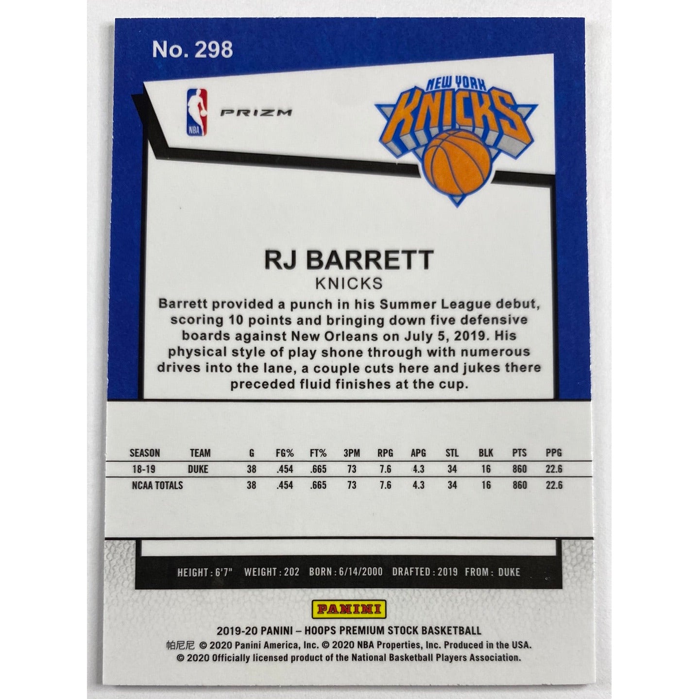 2019-20 Hoops Premium Stock RJ Barrett Tribute Purple Fast Break Prizm RC | Local Legends Cards & Collectibles