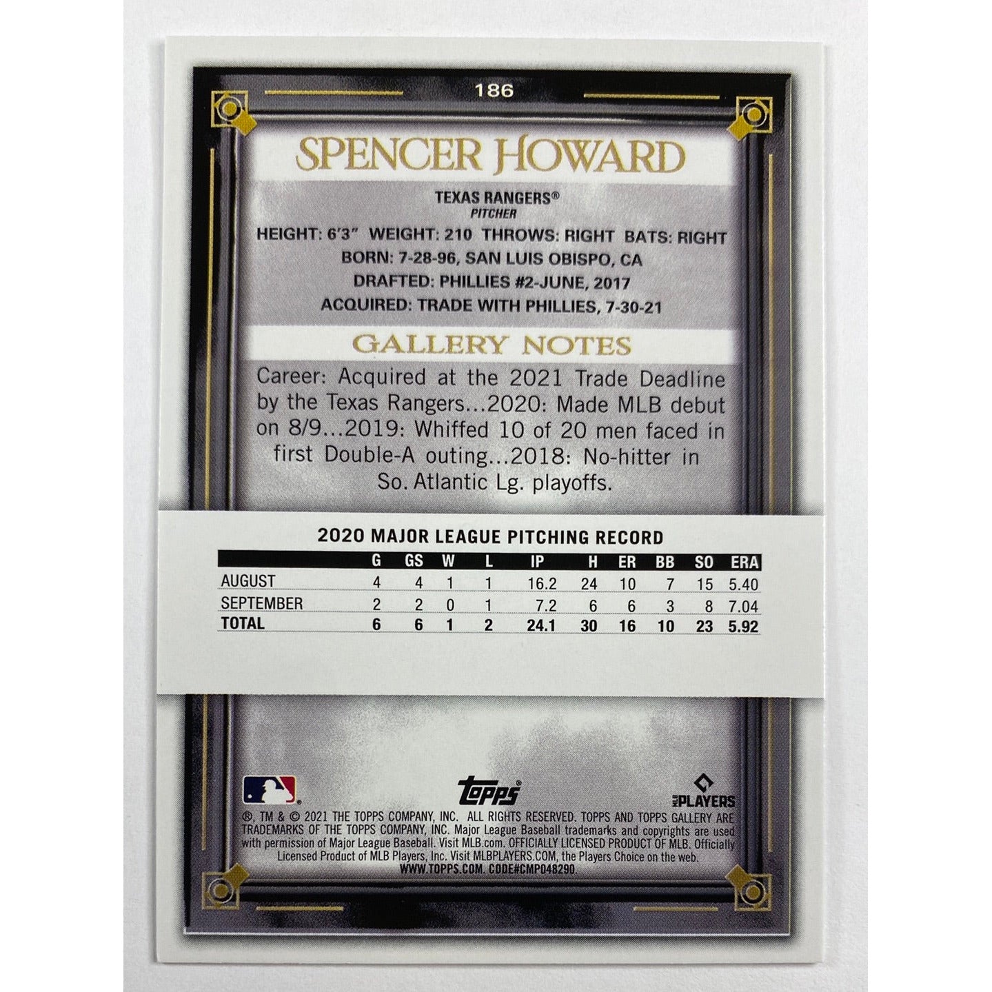 2021 Topps Gallery Spencer Howard RC | Local Legends Cards & Collectibles