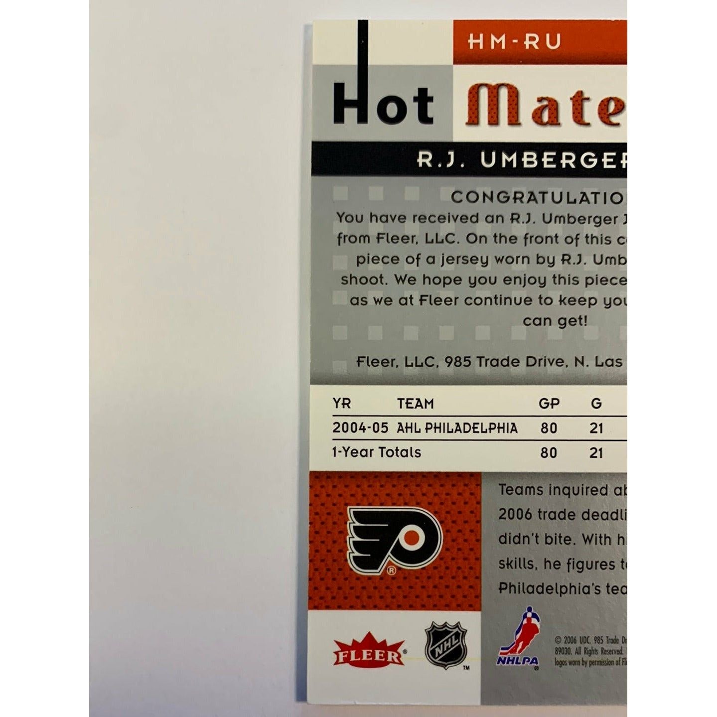 2005-06 Fleer RJ Umberger Hot Materials Hot Prospects Patch RC | Local Legends Cards & Collectibles