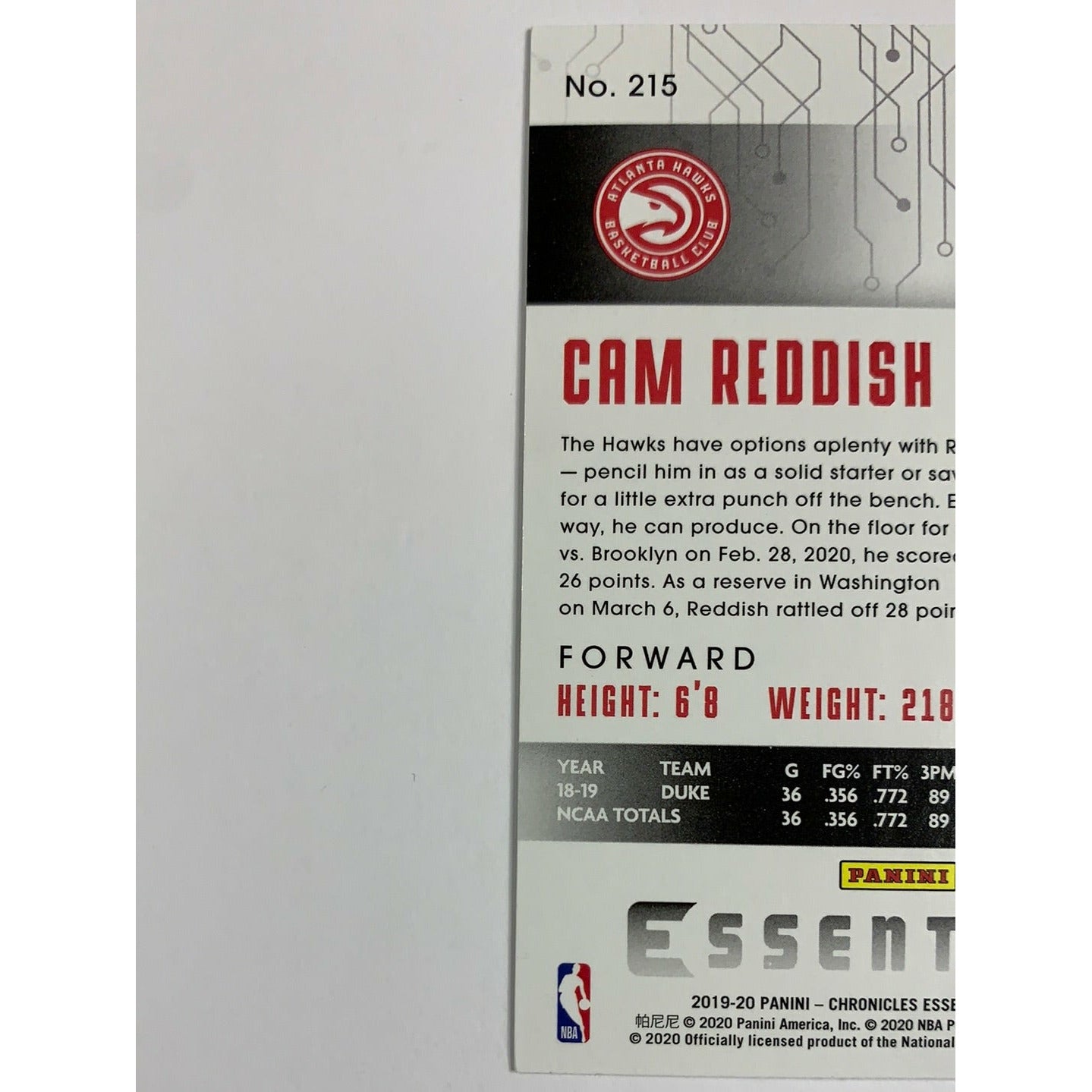 2019-20 Chronicles Essentials Cam Reddish Rookie Card
