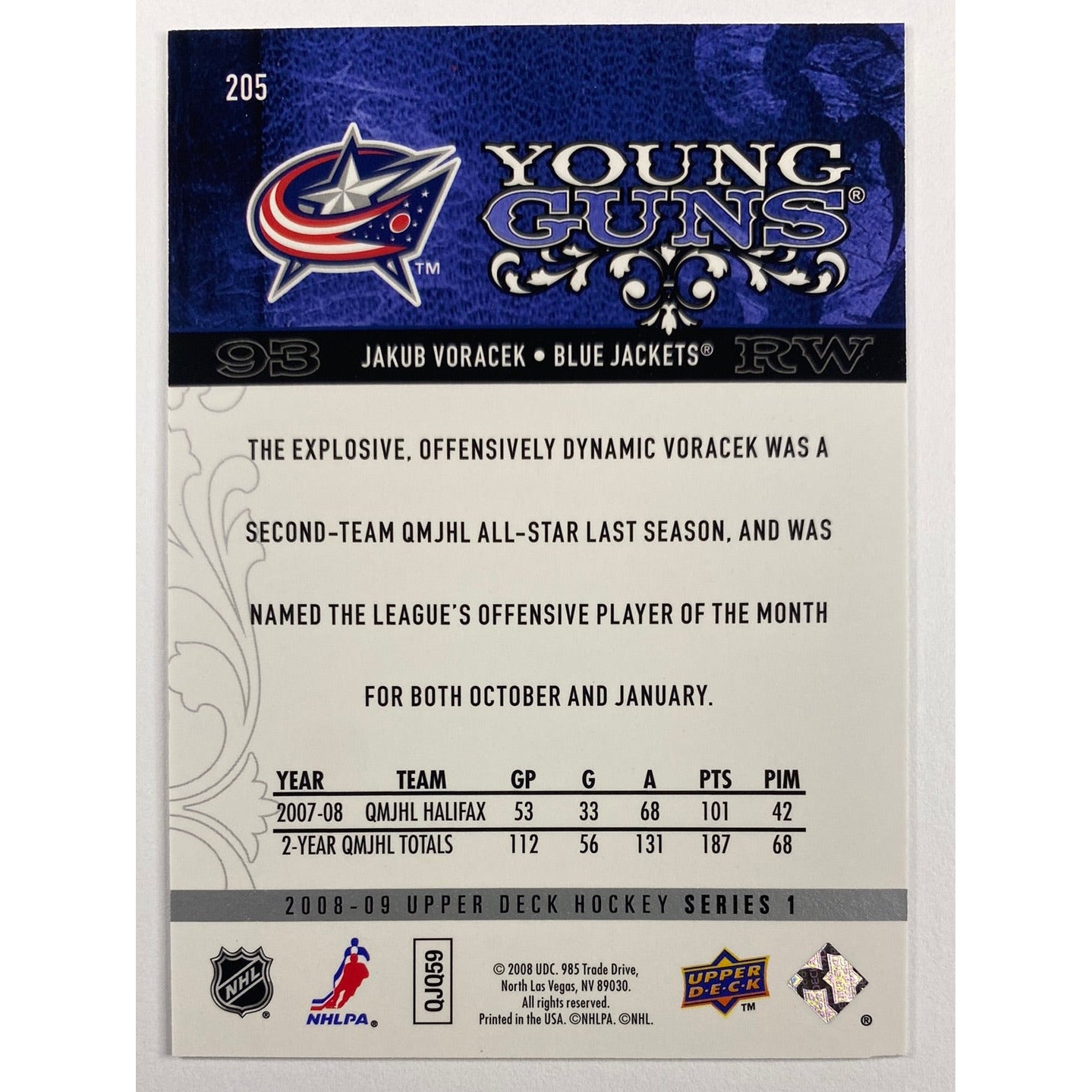 2008-09 Upper Deck Series Jakub Voracek Young Guns | Local Legends Cards & Collectibles