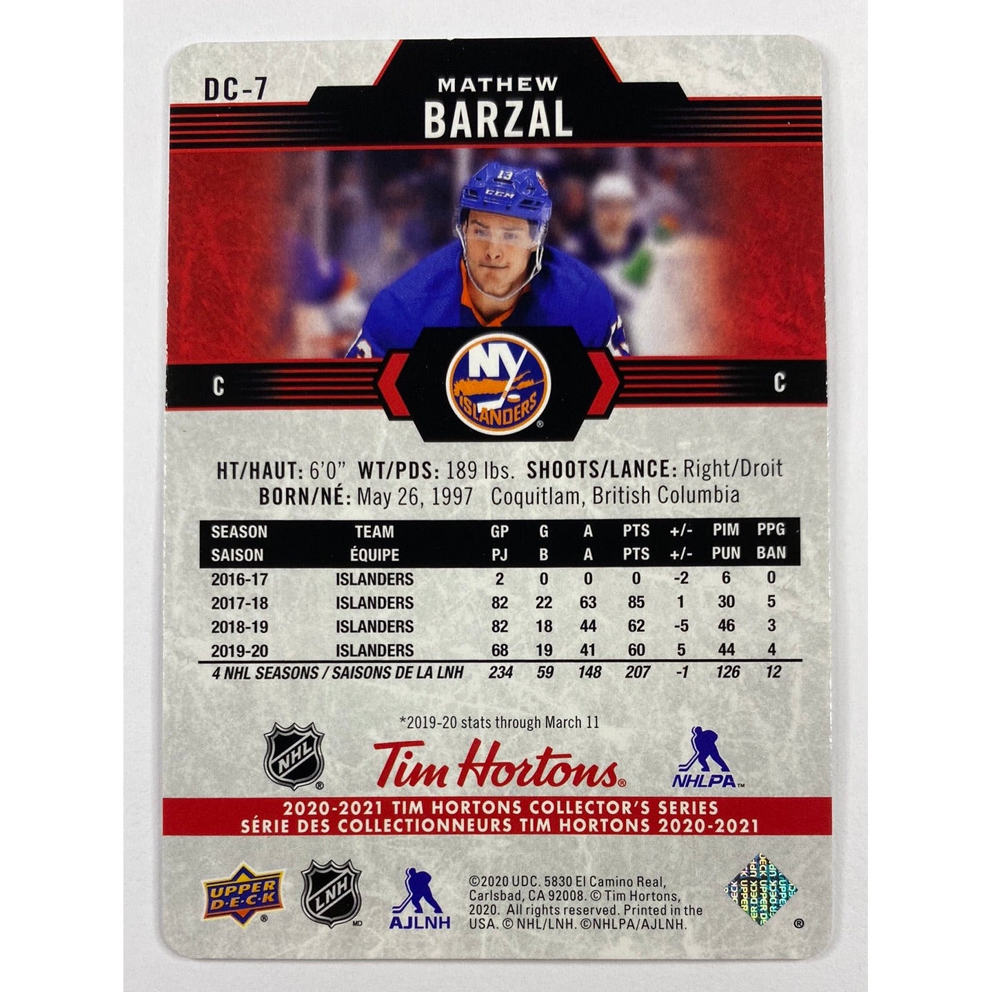 2020-21 Tim Hortons Mathew Barzal Red Die Cut