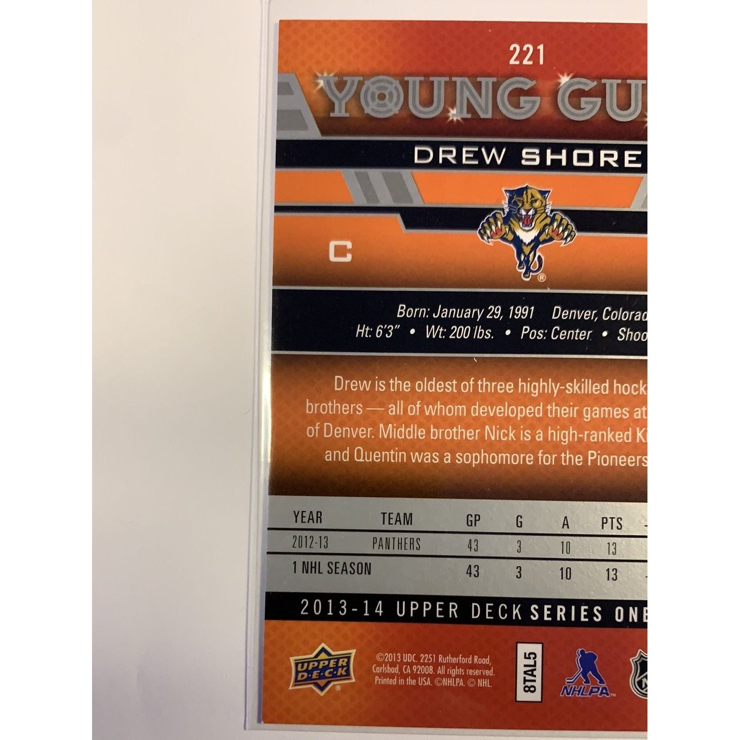 2013-14 Upper Deck Series 1 Drew Shore Young Guns | Local Legends Cards & Collectibles